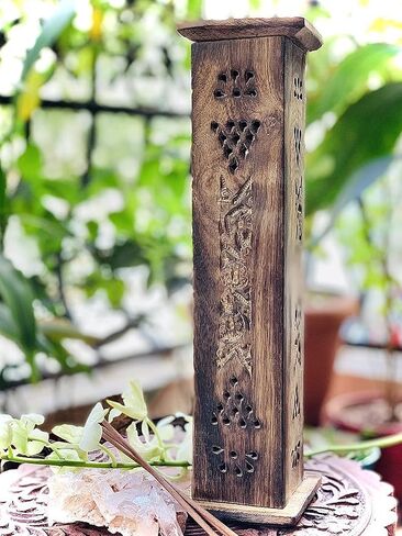 Wood Incense Stick & Cone Burner Holder Tower Large Organic Eco Friendly Ash Catcher Agarbatti Holder Rustic Style Hand Carved for Meditation Yoga Aromatherapy Home Fragrance Products in Kuwait
