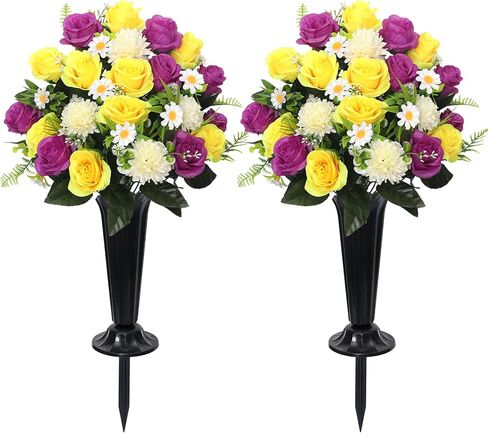 Wocst Cemetery Flowers for Grave,Headstone Flower Saddle 2sets Artificial 24 Heads Large Chrysanthemums Rose Daisy Bouquets with Cemetery Vases for Outdoor Grave Decorations (Red Blue, Large) in Saudi Arabia