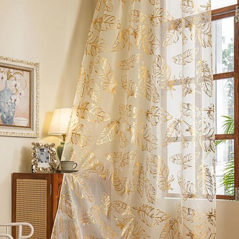 Deeprove Cream and Gold Sheer Curtains 84 inches Long 2 Panels for Bedroom Patio Decor, Metallic Foil Feather Patterned Print Golden Window Treatments 84 Inch Length Pair Drapes W52 x L84 Inch in Saudi Arabia