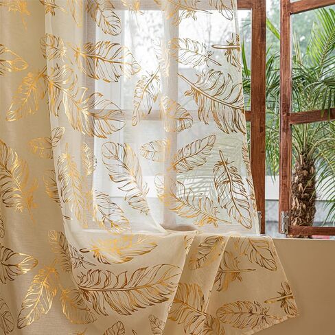 Deeprove Cream and Gold Sheer Curtains 84 inches Long 2 Panels for Bedroom Patio Decor, Metallic Foil Feather Patterned Print Golden Window Treatments 84 Inch Length Pair Drapes W52 x L84 Inch in Saudi Arabia
