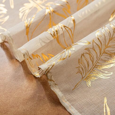 Deeprove Cream and Gold Sheer Curtains 84 inches Long 2 Panels for Bedroom Patio Decor, Metallic Foil Feather Patterned Print Golden Window Treatments 84 Inch Length Pair Drapes W52 x L84 Inch in Saudi Arabia