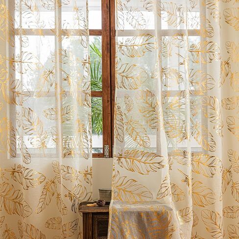 Deeprove Cream and Gold Sheer Curtains 84 inches Long 2 Panels for Bedroom Patio Decor, Metallic Foil Feather Patterned Print Golden Window Treatments 84 Inch Length Pair Drapes W52 x L84 Inch in Saudi Arabia