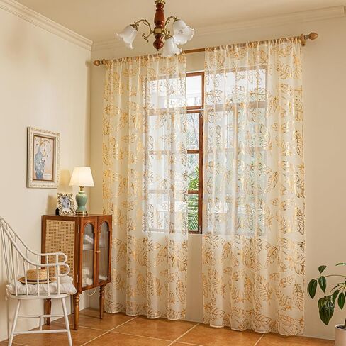 Deeprove Cream and Gold Sheer Curtains 84 inches Long 2 Panels for Bedroom Patio Decor, Metallic Foil Feather Patterned Print Golden Window Treatments 84 Inch Length Pair Drapes W52 x L84 Inch in Saudi Arabia