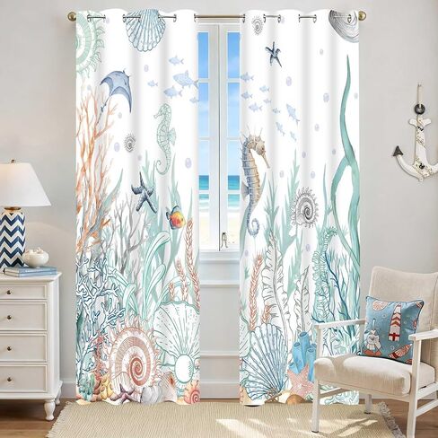 Nautical Coastal Blackout Curtains Teal Ocean Seahorse Seashell Coral Curtain Drapes Grommet Tropical Under The Sea Marine Life Beach Window Drapes for Bedroom Living Room 2 Panel Set 42x84Inch in Saudi Arabia