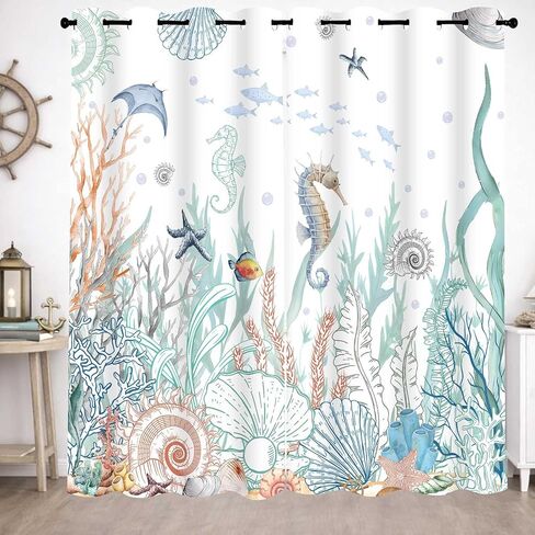 Nautical Coastal Blackout Curtains Teal Ocean Seahorse Seashell Coral Curtain Drapes Grommet Tropical Under The Sea Marine Life Beach Window Drapes for Bedroom Living Room 2 Panel Set 42x84Inch in Saudi Arabia