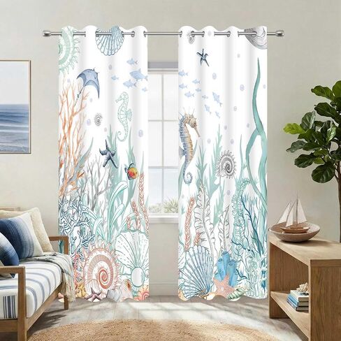 Nautical Coastal Blackout Curtains Teal Ocean Seahorse Seashell Coral Curtain Drapes Grommet Tropical Under The Sea Marine Life Beach Window Drapes for Bedroom Living Room 2 Panel Set 42x84Inch in Saudi Arabia