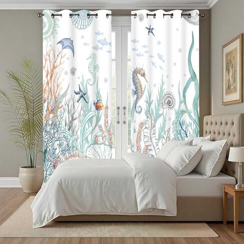 Nautical Coastal Blackout Curtains Teal Ocean Seahorse Seashell Coral Curtain Drapes Grommet Tropical Under The Sea Marine Life Beach Window Drapes for Bedroom Living Room 2 Panel Set 42x84Inch in Saudi Arabia