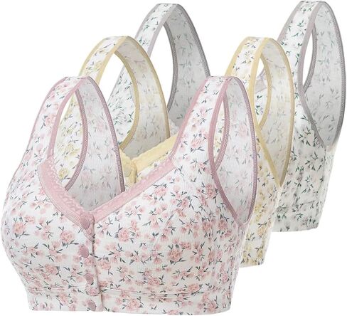 3Pack Women Front Button Closeure Soft Cotton Bra, Woman Comfort Floral Wirefree Sleep Gift Bra in Saudi Arabia