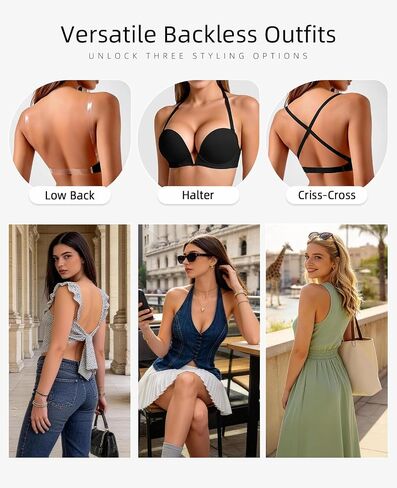 YANDW Low Back Bra with Clear Straps and Back Deep V Plunge Push Up Low Cut Bras Underwire Add Two Cup,Black 38E in Saudi Arabia