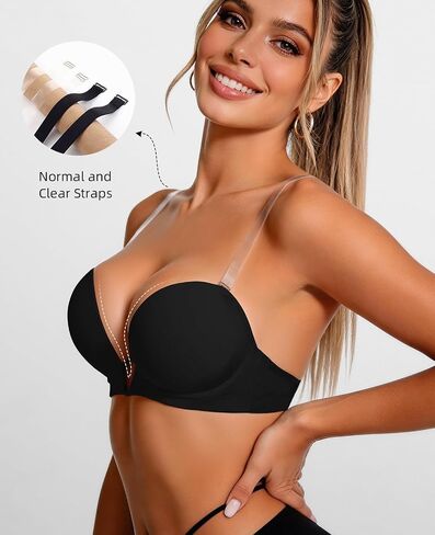 YANDW Low Back Bra with Clear Straps and Back Deep V Plunge Push Up Low Cut Bras Underwire Add Two Cup,Black 38E in Saudi Arabia