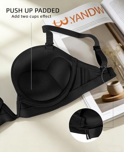 YANDW Low Back Bra with Clear Straps and Back Deep V Plunge Push Up Low Cut Bras Underwire Add Two Cup,Black 38E in Saudi Arabia