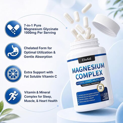 Magnesium Complex for Women & Men 1000mg - 7-in-1 Magnesium Supplement (Glycinate, Citrate & Malate) Capsules for Sleep Support, Stress Relief, Muscle Recovery - Vegan, 120 Count in Kuwait