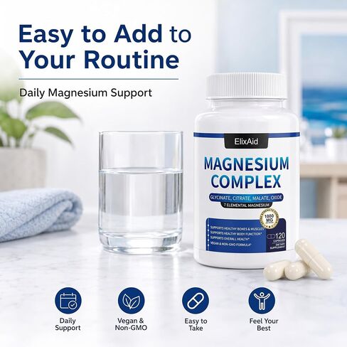 Magnesium Complex for Women & Men 1000mg - 7-in-1 Magnesium Supplement (Glycinate, Citrate & Malate) Capsules for Sleep Support, Stress Relief, Muscle Recovery - Vegan, 120 Count in Kuwait