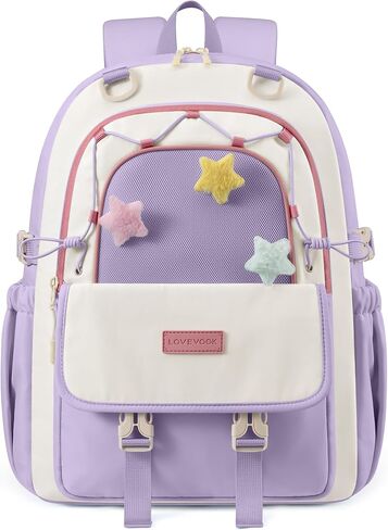 LOVEVOOK School Backpack for Teen Girls, Cute Lightweight Bookbag with Star Charm, Large Capacity Backpack Fits 15.6 Inch Laptop, Water Bottle Holder, Gift for Kids & Students in Kuwait