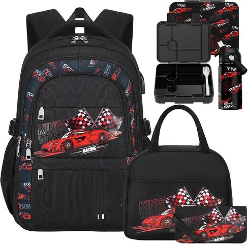 ACSEAK Boys Backpack - 5Pcs Backpack for Boys with Insulated Lunch Bag, Leakproof Lunch Box Water Bottle & Pencil Case, Astronaut School Backpacks for Kids Kindergarten Elementary(Red Car) in Saudi Arabia