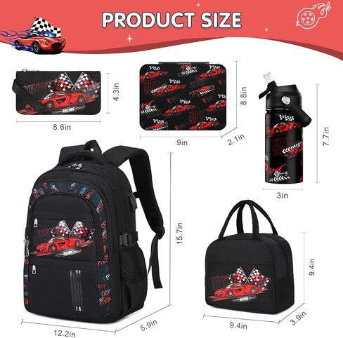 ACSEAK Boys Backpack - 5Pcs Backpack for Boys with Insulated Lunch Bag, Leakproof Lunch Box Water Bottle & Pencil Case, Astronaut School Backpacks for Kids Kindergarten Elementary(Red Car) in Saudi Arabia