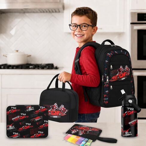 ACSEAK Boys Backpack - 5Pcs Backpack for Boys with Insulated Lunch Bag, Leakproof Lunch Box Water Bottle & Pencil Case, Astronaut School Backpacks for Kids Kindergarten Elementary(Red Car) in Saudi Arabia