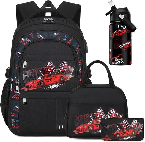 ACSEAK Boys Backpack - 5Pcs Backpack for Boys with Insulated Lunch Bag, Leakproof Lunch Box Water Bottle & Pencil Case, Astronaut School Backpacks for Kids Kindergarten Elementary(Red Car) in Saudi Arabia