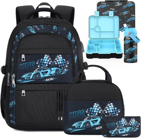 ACSEAK Boys Backpack - 5Pcs Backpack for Boys with Insulated Lunch Bag, Leakproof Lunch Box Water Bottle & Pencil Case, Astronaut School Backpacks for Kids Kindergarten Elementary(Red Car) in Saudi Arabia