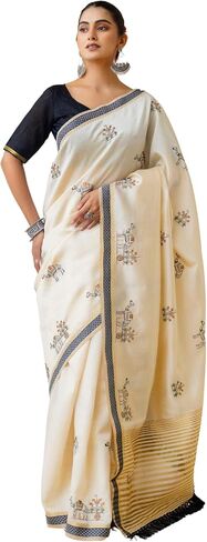 Elegant Cream Cotton Saree with Black Border and Embroidered Floral Design – Traditional Ethnic Wear for Women in Kuwait