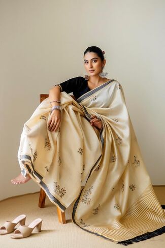 Elegant Cream Cotton Saree with Black Border and Embroidered Floral Design – Traditional Ethnic Wear for Women in Kuwait
