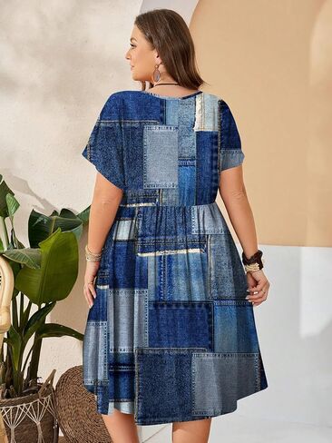 Women's Denim Patchwork Print Loose Dress, Round Neck Short Sleeve Casual Midi Dress for Summer in Kuwait
