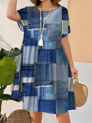 Women's Denim Patchwork Print Loose Dress, Round Neck Short Sleeve Casual Midi Dress for Summer in Kuwait