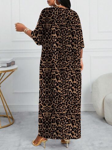 Leopard Print Maxi Dress, V-Neck Casual Split Kaftan in Kuwait