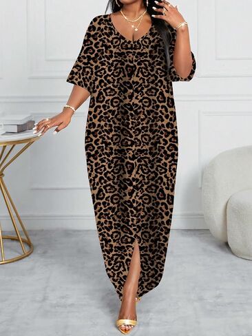 Leopard Print Maxi Dress, V-Neck Casual Split Kaftan in Kuwait