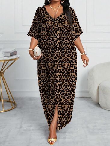 Leopard Print Maxi Dress, V-Neck Casual Split Kaftan in Kuwait