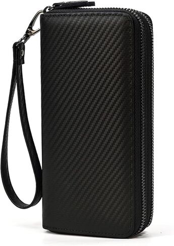 Double Zipper Long Clutch Wallet for Men Women Cellphone Wallet with Removable Wristlet Strap for Credit Card, Coin, Bill, Cash, Black with Smooth Surface in Saudi Arabia