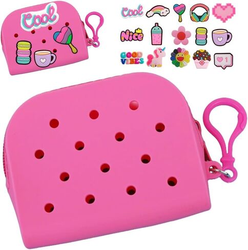 Soft Silicone Mini Coin Purse with Zipper and Cartoon Hole,with 15 pcs DIY Charms. Portable Keychain Pouch Organizer (Rose Pink) in Saudi Arabia
