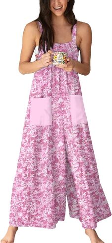 Antnation Boho Womens Wide Leg Jumpsuit with Big Pockets Adjustable Back Tie Overalls Casual Summer Romper in Saudi Arabia