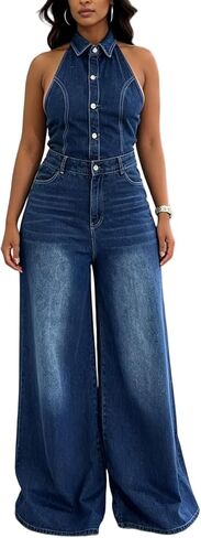 LETSVDO Women's Halter Denim Jumpsuit Sleeveless Backless Button Down Wide Leg Palazzo Long Casual Jean One Piece Romper in Saudi Arabia