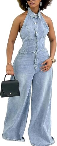 LETSVDO Women's Halter Denim Jumpsuit Sleeveless Backless Button Down Wide Leg Palazzo Long Casual Jean One Piece Romper in Saudi Arabia