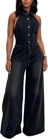 LETSVDO Women's Halter Denim Jumpsuit Sleeveless Backless Button Down Wide Leg Palazzo Long Casual Jean One Piece Romper in Saudi Arabia