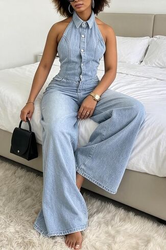 LETSVDO Women's Halter Denim Jumpsuit Sleeveless Backless Button Down Wide Leg Palazzo Long Casual Jean One Piece Romper in Saudi Arabia