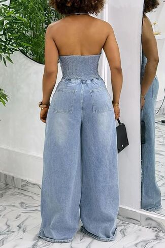 LETSVDO Women's Halter Denim Jumpsuit Sleeveless Backless Button Down Wide Leg Palazzo Long Casual Jean One Piece Romper in Saudi Arabia