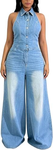 LETSVDO Women's Halter Denim Jumpsuit Sleeveless Backless Button Down Wide Leg Palazzo Long Casual Jean One Piece Romper in Saudi Arabia