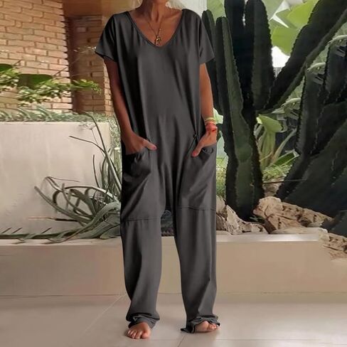 Women's V Neck Short Sleeve Jumpsuits, Casual Loose Baggy Drop Crotch Harem Pants, Oversized Boho Romper Overalls in Kuwait