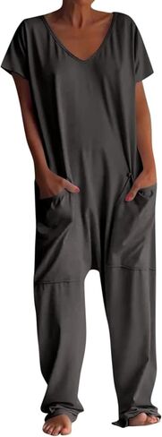 Women's V Neck Short Sleeve Jumpsuits, Casual Loose Baggy Drop Crotch Harem Pants, Oversized Boho Romper Overalls in Kuwait