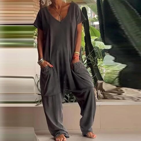 Women's V Neck Short Sleeve Jumpsuits, Casual Loose Baggy Drop Crotch Harem Pants, Oversized Boho Romper Overalls in Kuwait