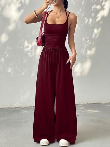 Women’s Sleeveless Wide Leg Jumpsuit Casual Loose Fit Solid Color Long Pants with Pockets Summer One Piece Outfit in Kuwait