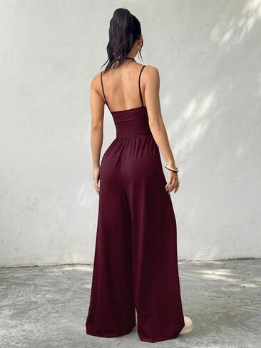 Women’s Sleeveless Wide Leg Jumpsuit Casual Loose Fit Solid Color Long Pants with Pockets Summer One Piece Outfit in Kuwait
