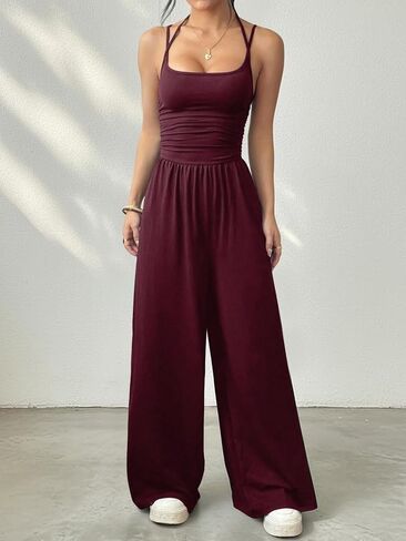 Women’s Sleeveless Wide Leg Jumpsuit Casual Loose Fit Solid Color Long Pants with Pockets Summer One Piece Outfit in Kuwait