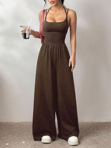 Women’s Sleeveless Wide Leg Jumpsuit Casual Loose Fit Solid Color Long Pants with Pockets Summer One Piece Outfit in Kuwait