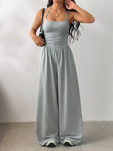 Women’s Sleeveless Wide Leg Jumpsuit Casual Loose Fit Solid Color Long Pants with Pockets Summer One Piece Outfit in Kuwait