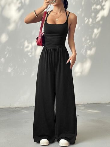 Women’s Sleeveless Wide Leg Jumpsuit Casual Loose Fit Solid Color Long Pants with Pockets Summer One Piece Outfit in Kuwait