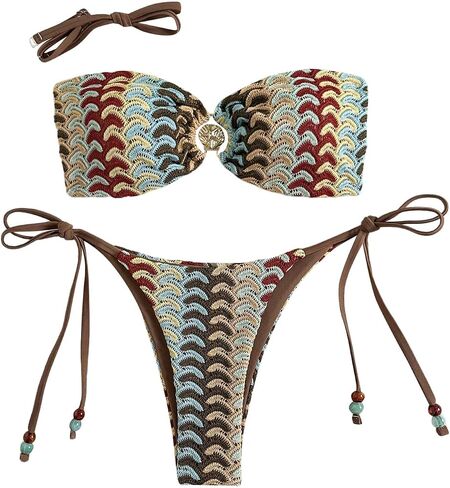 SHENHE Women's Crochet Bandeau Bikini Set Striped Strapless Tie Side String Brazilian Swimsuits in Kuwait