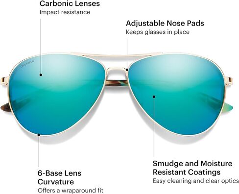 نظارات SMITH Langley 2 Aviator الشمسية - نظارات للرجال والنساء، حماية 100% من الأشعة فوق البنفسجية للمناسبات الخارجية، القيادة، الشاطئ - إطار معدني ذهبي + عدسات مرآة مستقطبة من Opal ChromaPop in Kuwait